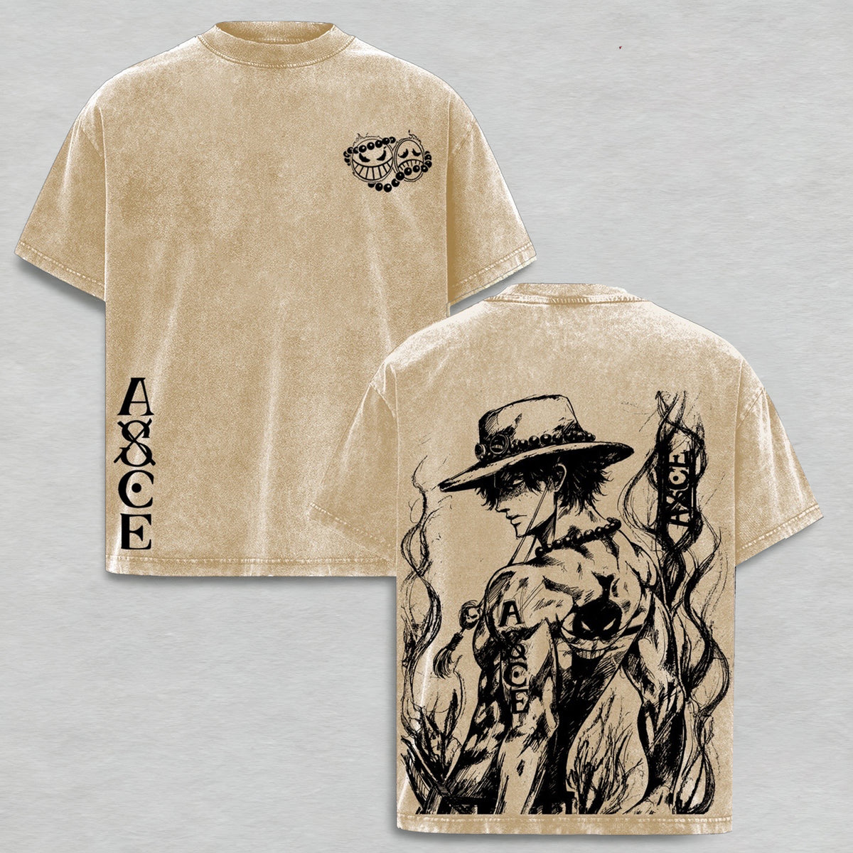 One Piece : Portgas D. Ace Polera Lavada Vintage