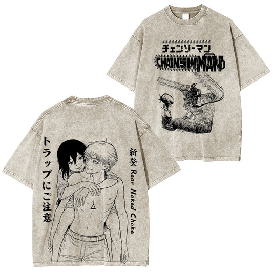 Bomb Meets Chainsaw Man Oversized Vintage Washed Unisex T-Shirt