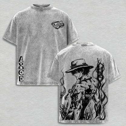 One Piece : Portgas D. Ace Polera Lavada Vintage