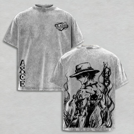 One Piece : Portgas D. Ace Polera Lavada Vintage