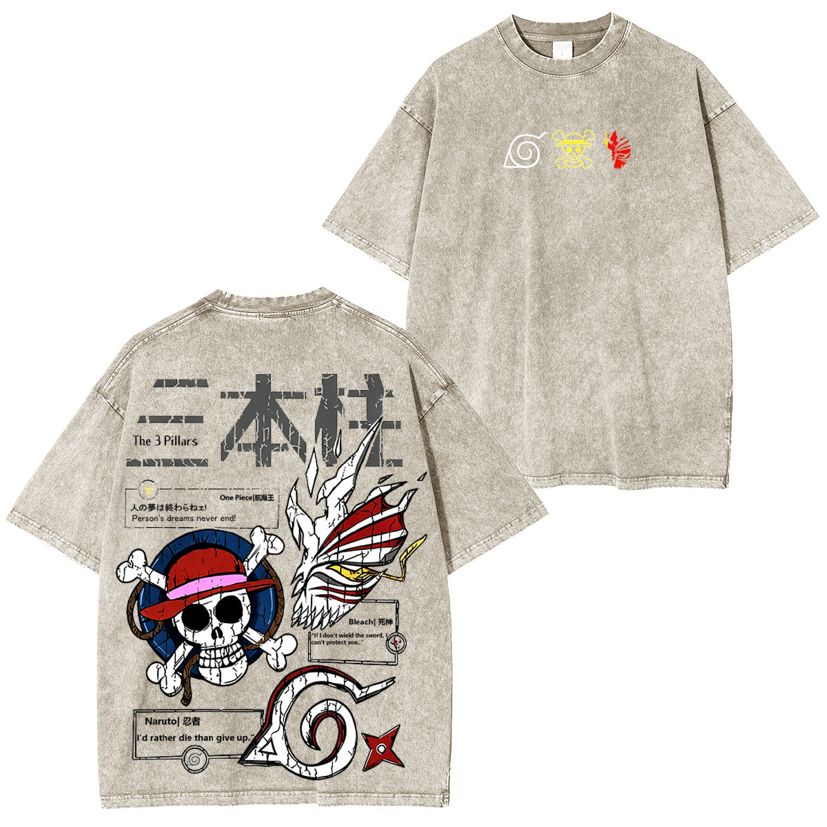Naruto& One Piece& Bleach Polera Lavada Vintage