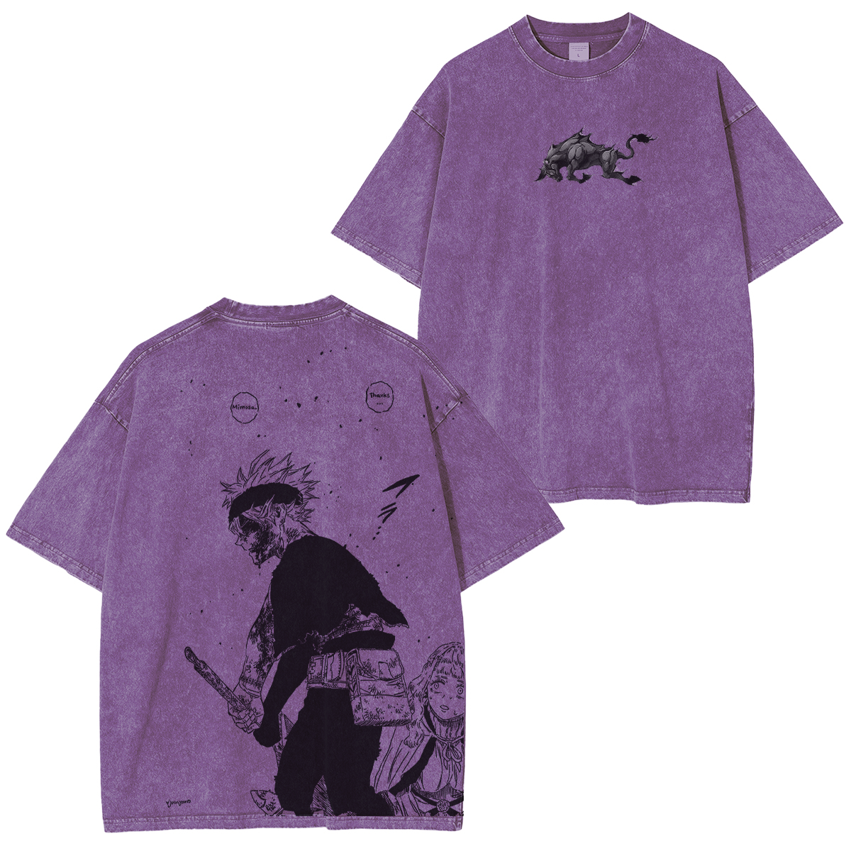 Asta x Black Bulls Black Clover Anime Double Printed Polera Lavada Vintage Unisex
