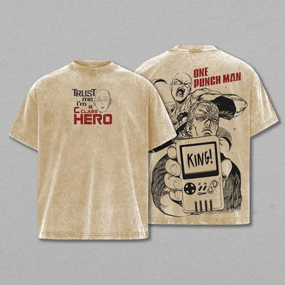One Punch Man: Saitama And KING Vintage Washed Unisex Polera