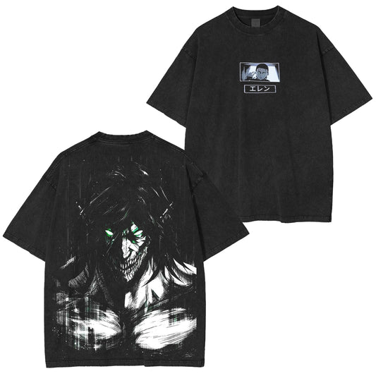 Retro Heavy Eren Yeager x Attack On Titan V2 Anime Double Printed Men's Vintage Polera Oversized Lavada