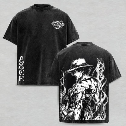 One Piece : Portgas D. Ace Polera Lavada Vintage
