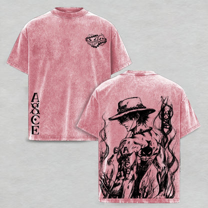 One Piece : Portgas D. Ace Polera Lavada Vintage