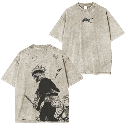 Asta x Black Bulls Black Clover Anime Double Printed Polera Lavada Vintage Unisex