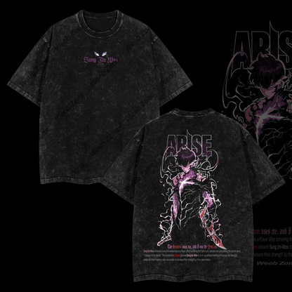Sung Jin-Woo Solo Leveling Anime Double Printed Oversize Lightweight Acid Washed Tee-Limited Edition