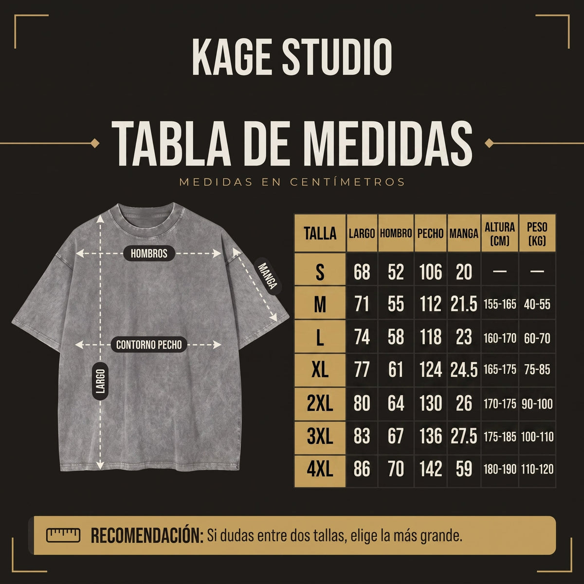 Tabla de medidas Kage Studio