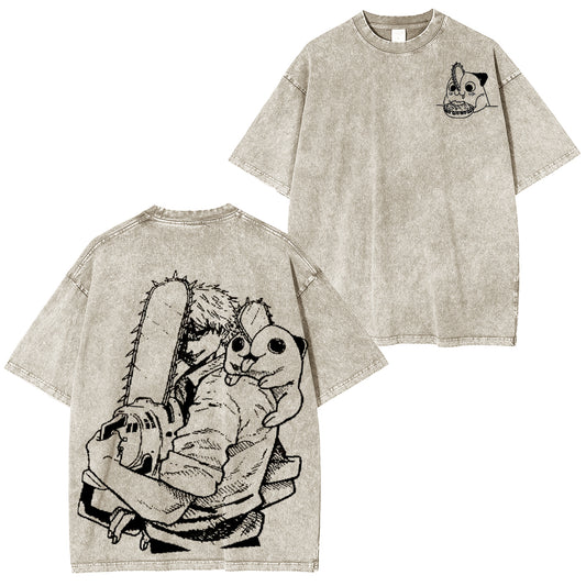 Chainsaw Man Denji & Pochita Vintage Unsiex Washed T-Shirt