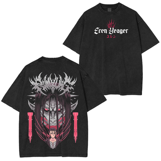 Retro Heavy Eren Yeager X Attack On Titan Anime Washed T-shirt/Crewneck/Hoodie
